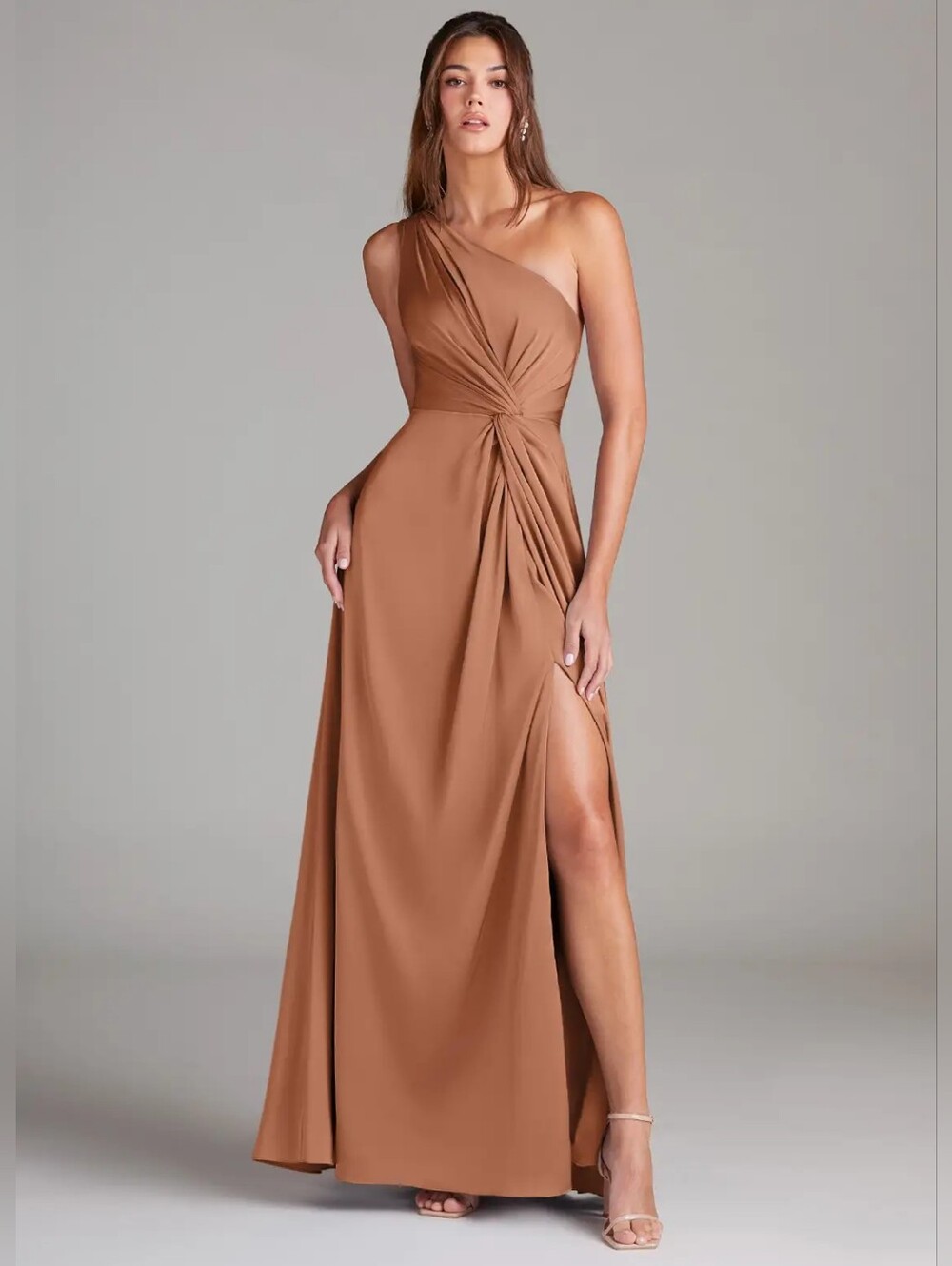 Azazie Brooke One-Shoulder Twist Knot Maxi Dress in Bronzer Color Size 12A